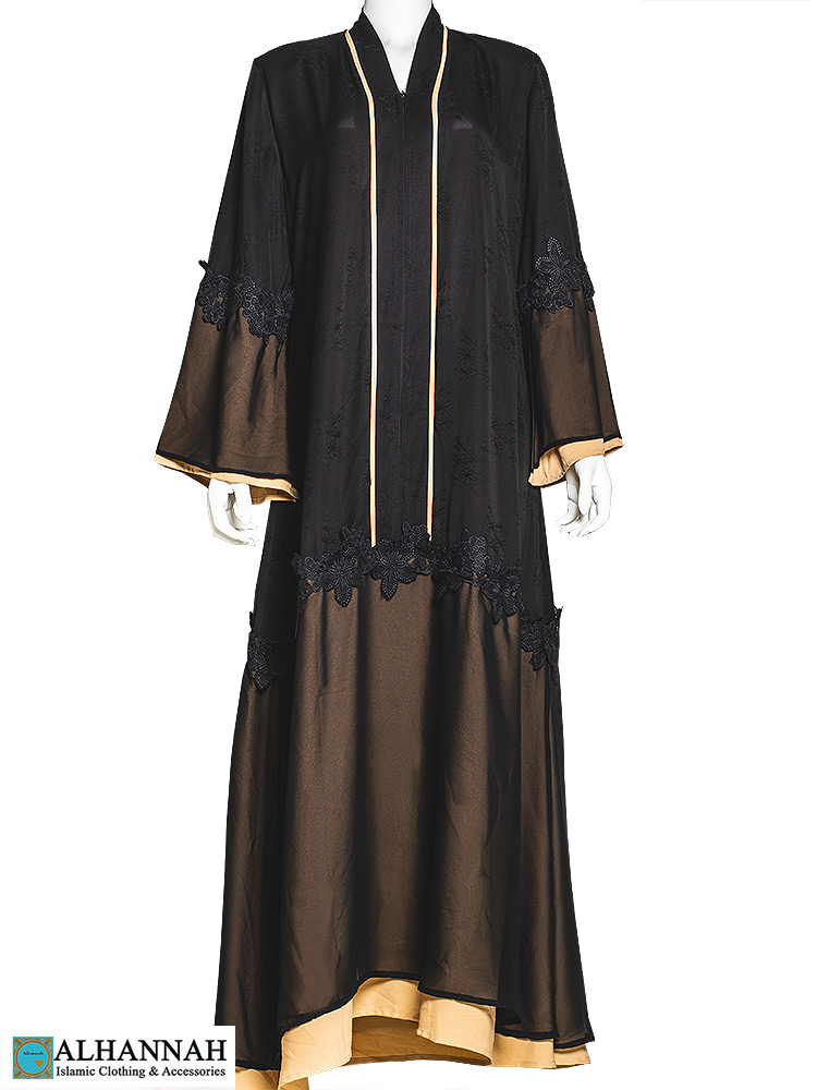 Gold-Trim Floral Applique Abaya | AB766 » Alhannah Islamic Clothing