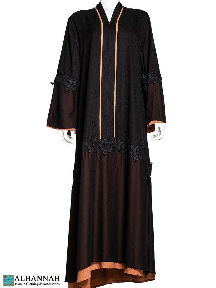 Peach-Trim Floral Applique Abaya | AB767 | Alhannah Islamic Clothing