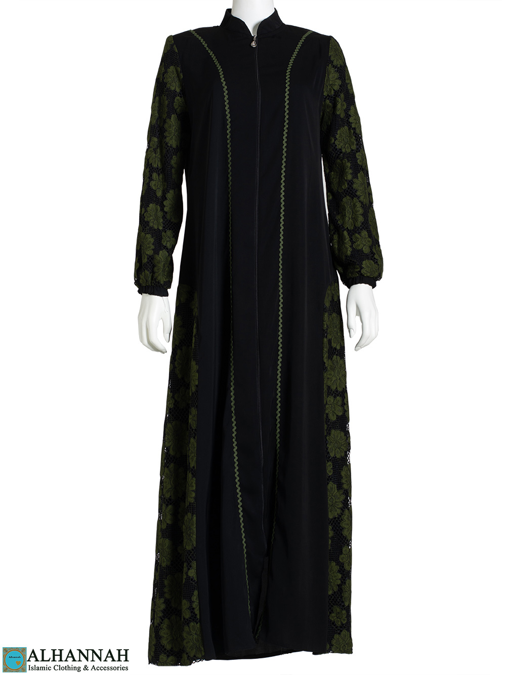 Floral Lace Accent Moss Abaya | ab782 | Alhannah Islamic Clothing