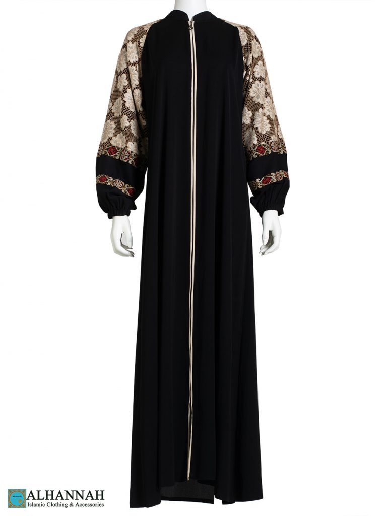 Floral Lace Embroidered Sleeves Black Abaya | ab777 » Alhannah Islamic ...