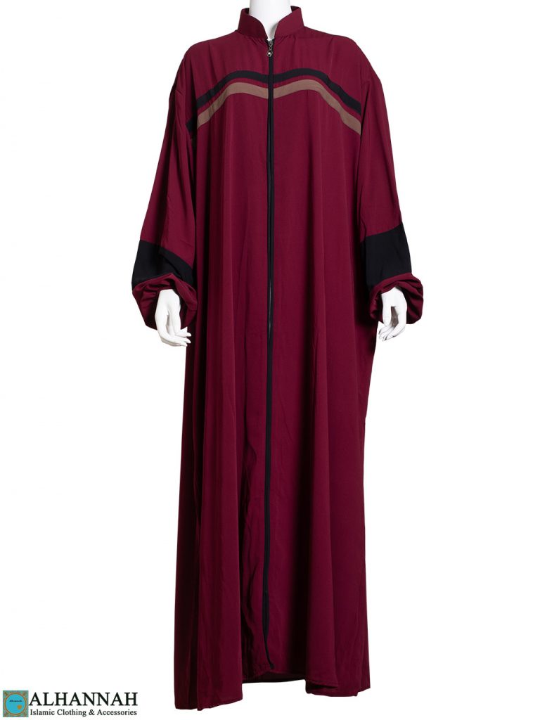 Striped Abaya with Zipper Opening in Maroon | ab796 | Alhannah Islamic ...