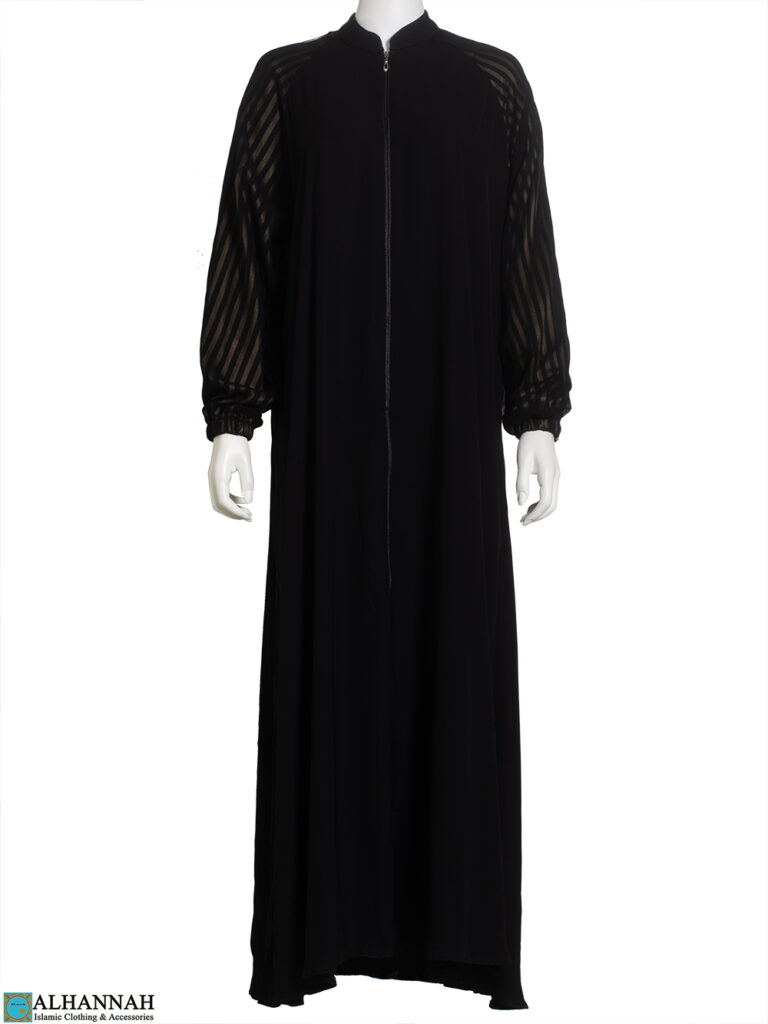 Zip Up Abaya - Black with Striped Sleeves | ab884 | Alhannah Islamic ...