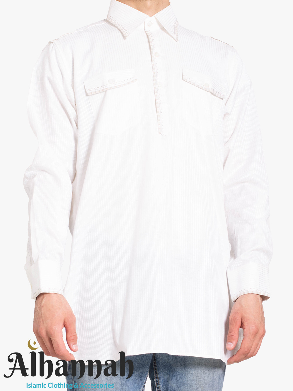 Striped White Kurta with Front Pockets, me1013