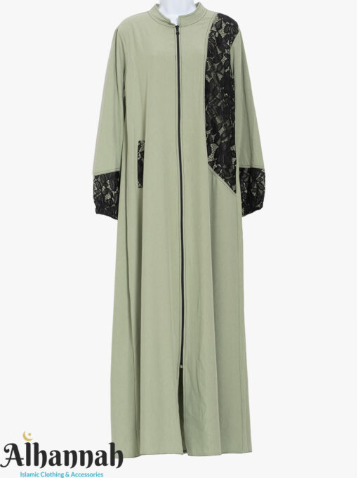 Green Offset Leafy Lace Abaya ab952