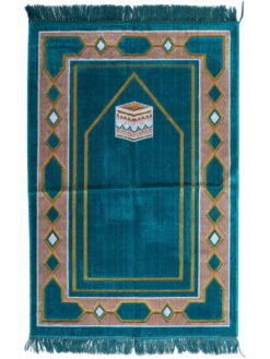 Teal Islamic Prayer Rug with Kaaba design and tan border with diamond design.