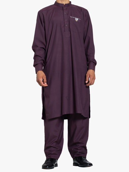 Men’s Pakistani Style Salwar Kameez – Deep Purple with Pocket Trim ME1159